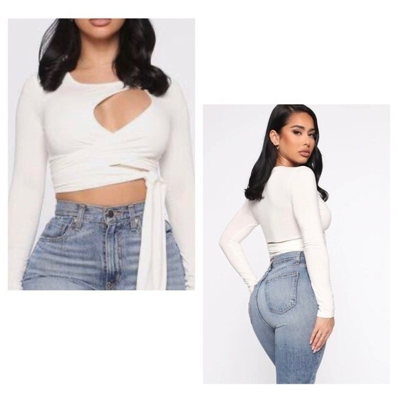 Fashion Nova long sleeve white tie waist cutout wrap crop top size large - Picture 3 of 8